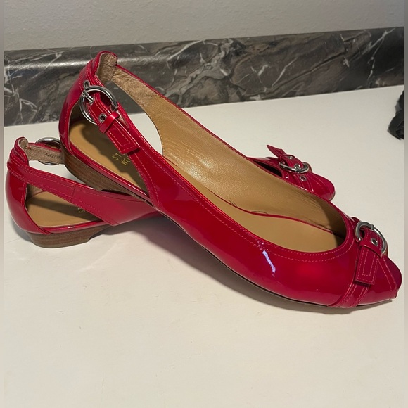Stuart Weitzman Red Patent Leather Open Toe Chitchat Flats - Picture 2 of 6